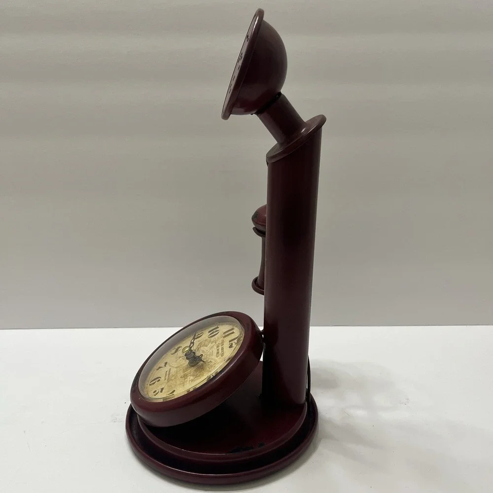Vintage-Style Clock Red Antiqued Candlestick Phone Shaped Metal Distressed 13